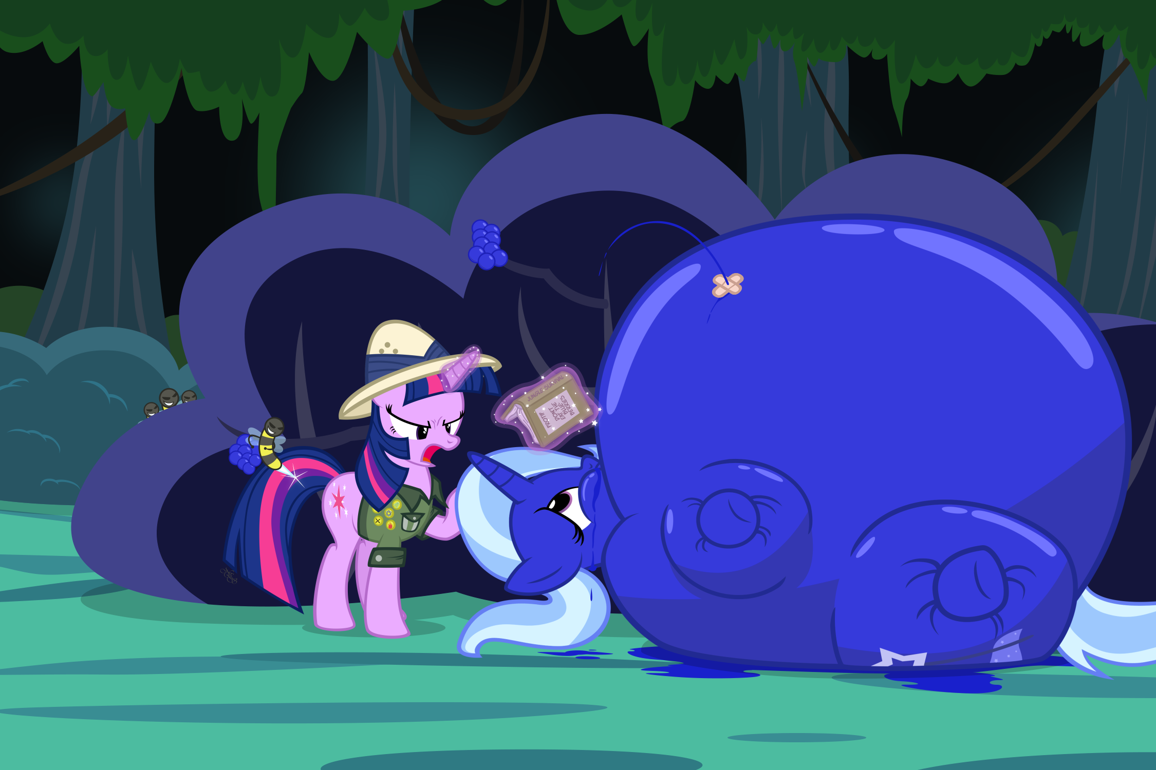 654370 - safe, twilight sparkle, trixie, frown, inflation, leaking,  bandaid, juice, badge, bee, artist:navitaserussirus, jungle, blueberry  inflation, blueberry, trixberry, trixie lulaberry, trixberry lulamoon -  Ponerpics