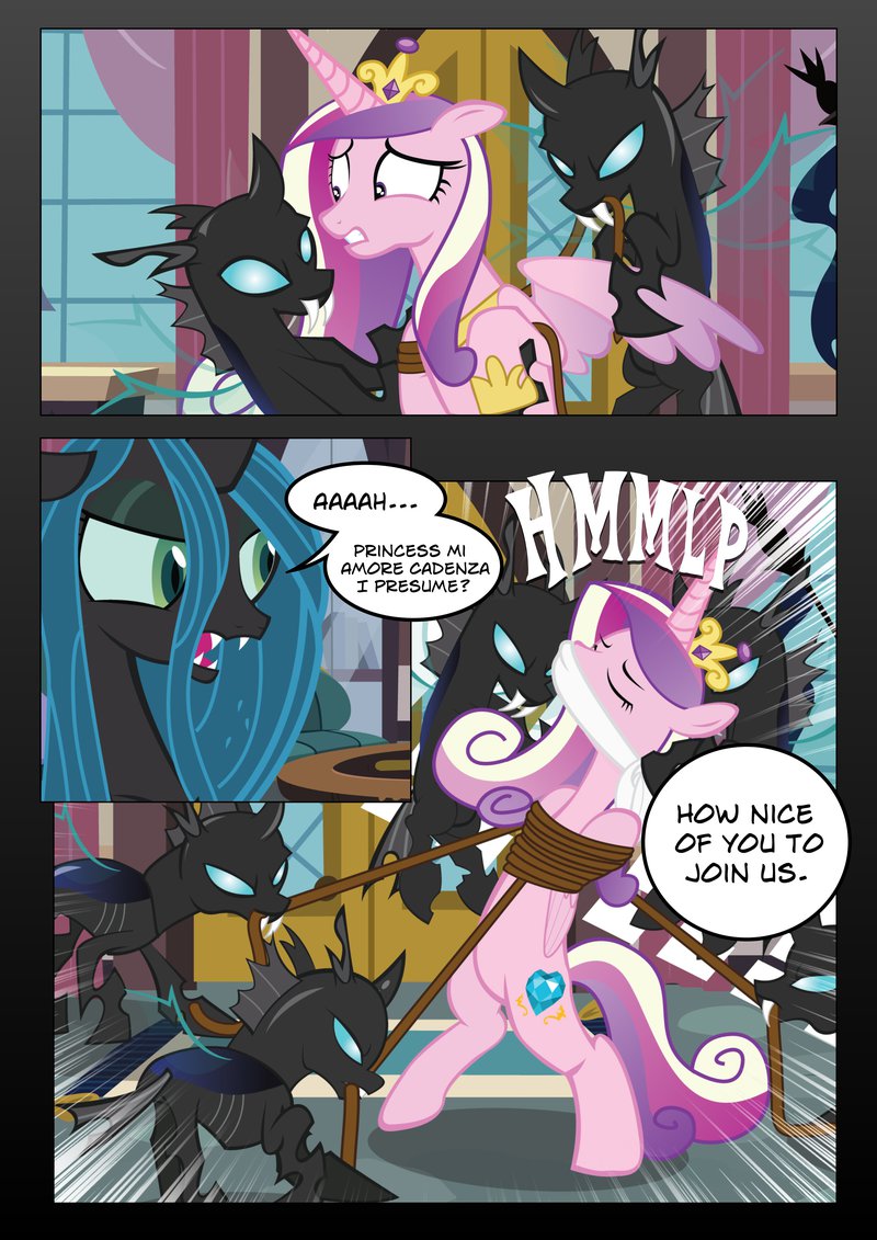 722574 - suggestive, queen chrysalis, princess cadance, comic, changeling,  bondage, gag, show accurate, rope, show accurate porn, bound, cloth gag,  artist:radiantrealm - Ponerpics