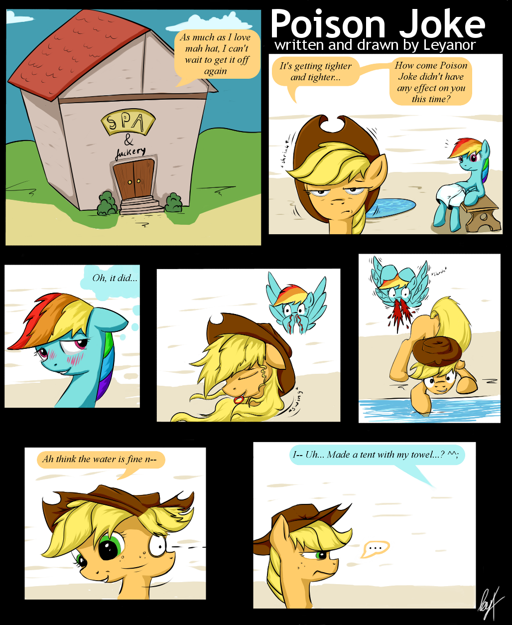 713486 - suggestive, rainbow dash, applejack, female, shipping, comic,  lesbian, futa, intersex, blood, vulgar, appledash, futa rainbow dash,  nosebleed, loose hair, poison joke, implied futa, artist:leyanor, sex joke,  ladyboner - Ponerpics