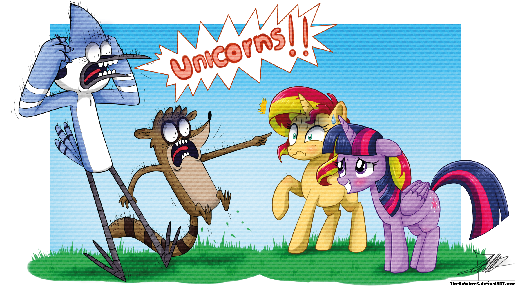 838581 - safe, twilight sparkle, sunset shimmer, female, pony, mare,  alicorn, blushing, twilight sparkle (alicorn), crossover, scared, shocked,  artist:the-butch-x, regular show, mordecai, rigby, mordecai and rigby -  Ponerpics