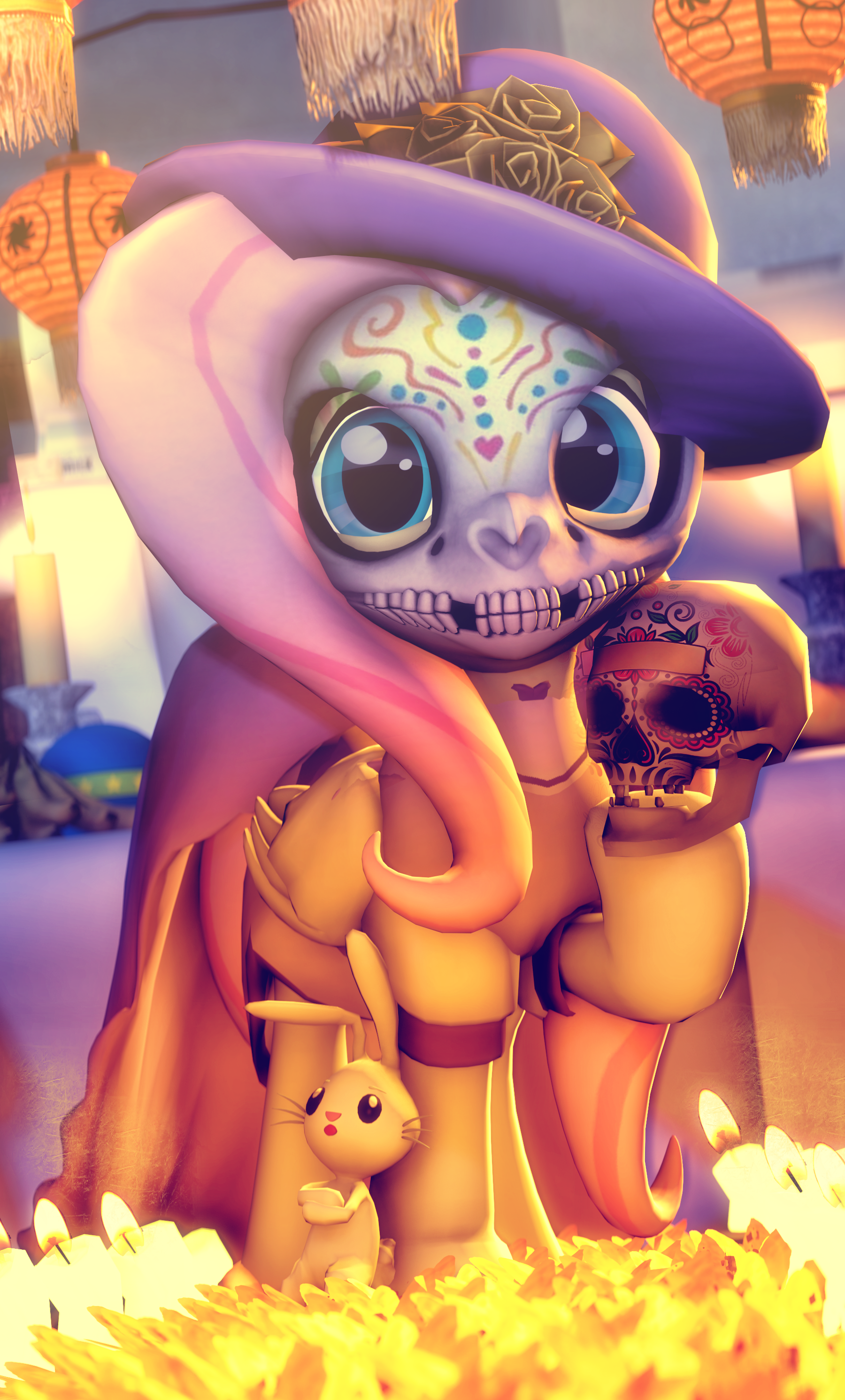 1287522 - safe, fluttershy, angel bunny, pony, 3d, source filmmaker,  rabbit, candle, mexico, artist:sourcerabbit, dia de los muertos,  cempasúchil, calaverita - Ponerpics