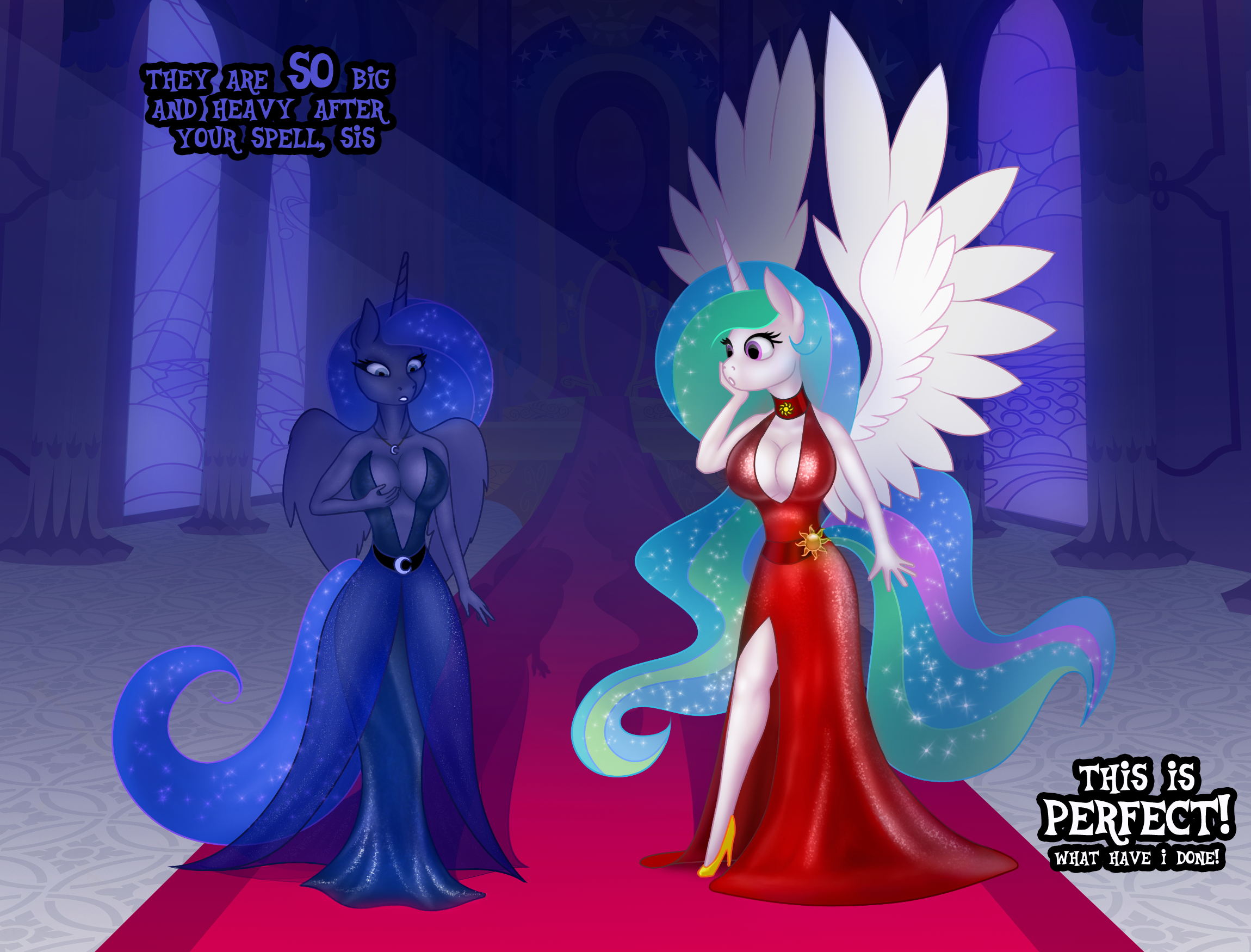 1341606 - suggestive, princess luna, princess celestia, female, clothes,  breasts, anthro, alicorn, big breasts, magic, text, spread wings,  unguligrade anthro, dress, cleavage, high heels, busty princess celestia,  wingboner, busty princess luna, canterlot