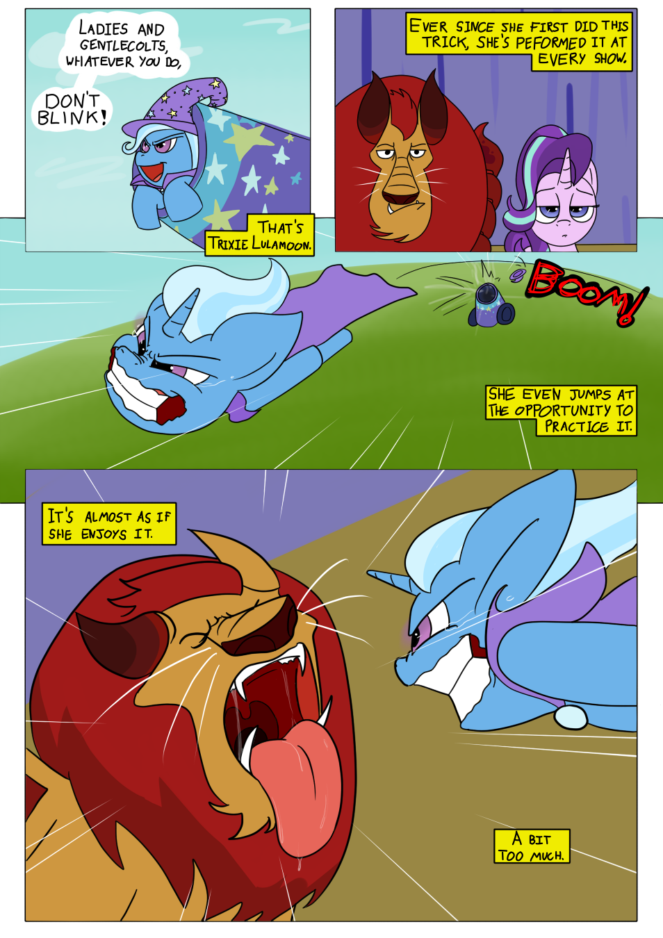 1652699 - safe, trixie, starlight glimmer, open mouth, comic, tongue out,  dialogue, fetish, bipedal, stage, imminent vore, uvula, willing vore,  manticore, artist:teabucket, manticore mouth dive, comic:a great and  powerful desire - Ponerpics