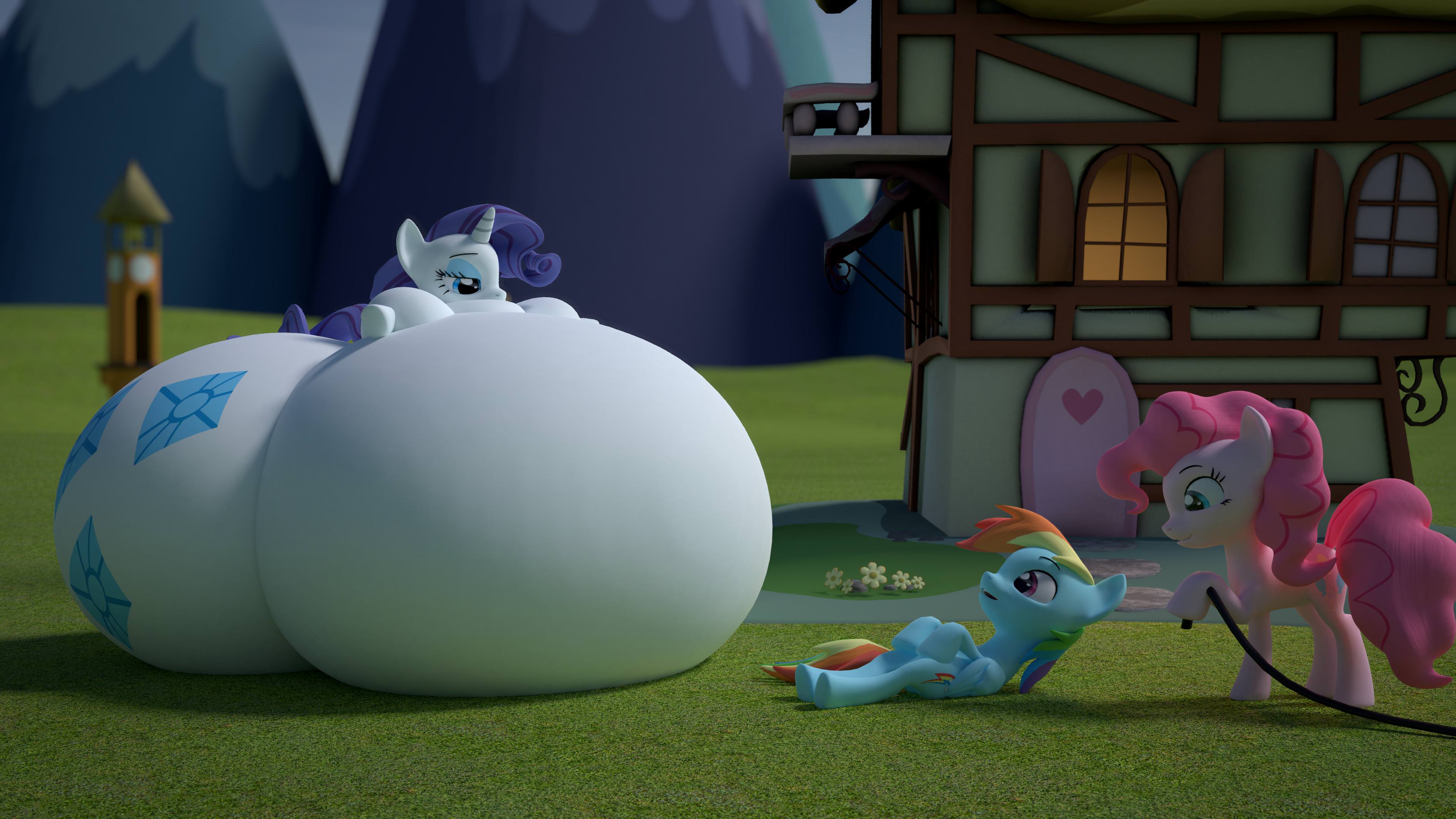 1783002 - suggestive, rainbow dash, pinkie pie, rarity, female, pony,  unicorn, pegasus, earth pony, 3d, belly, high res, on back, fat, large  butt, obese, part of a set, impossibly large belly, huge