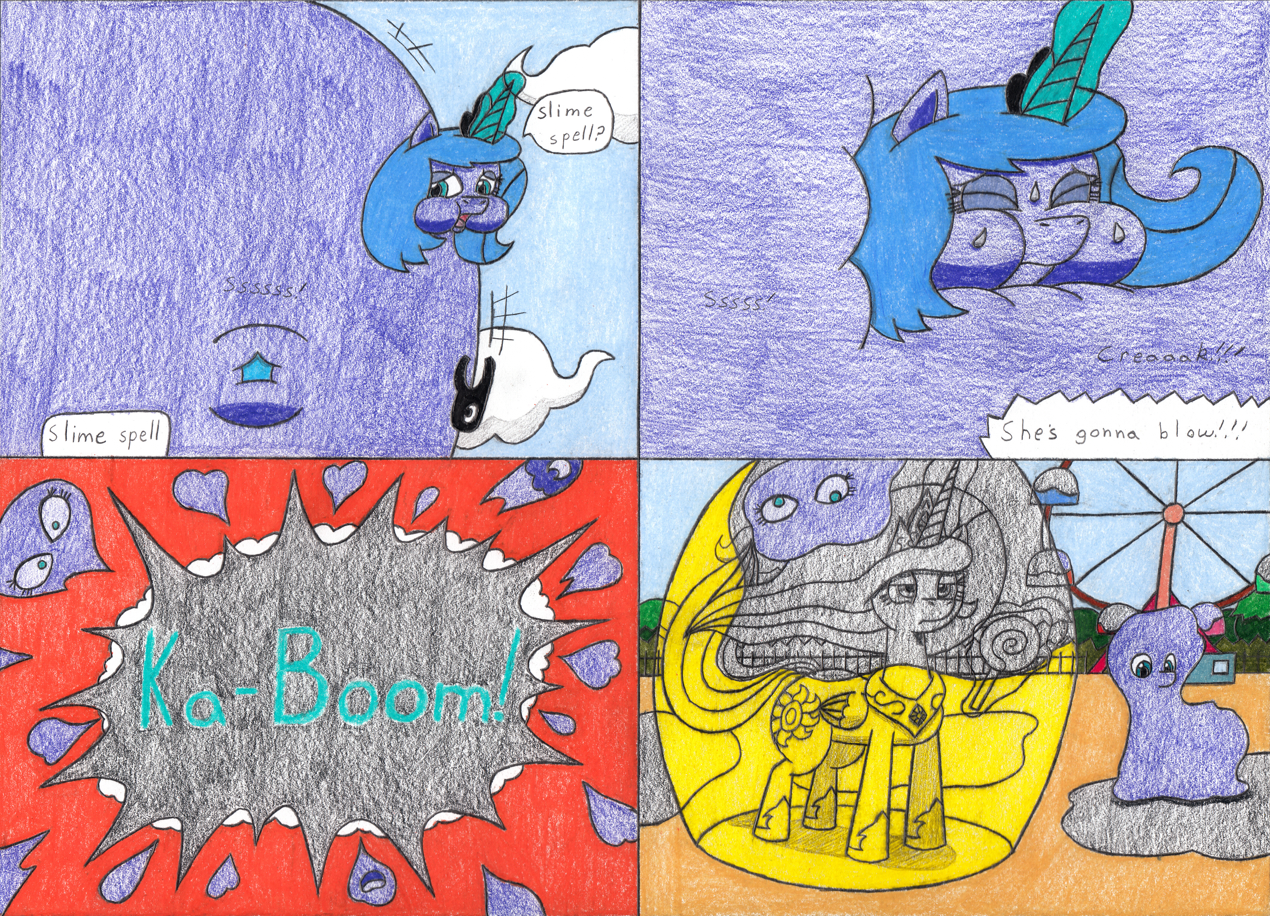 2012117 - safe, princess luna, princess celestia, pony, alicorn,  traditional art, comic, magic, inflation, royal sisters, slime, deviantart,  artist:eternaljonathan, popping, ferris wheel, burst, comic:first three  back, whinnyland - Ponerpics