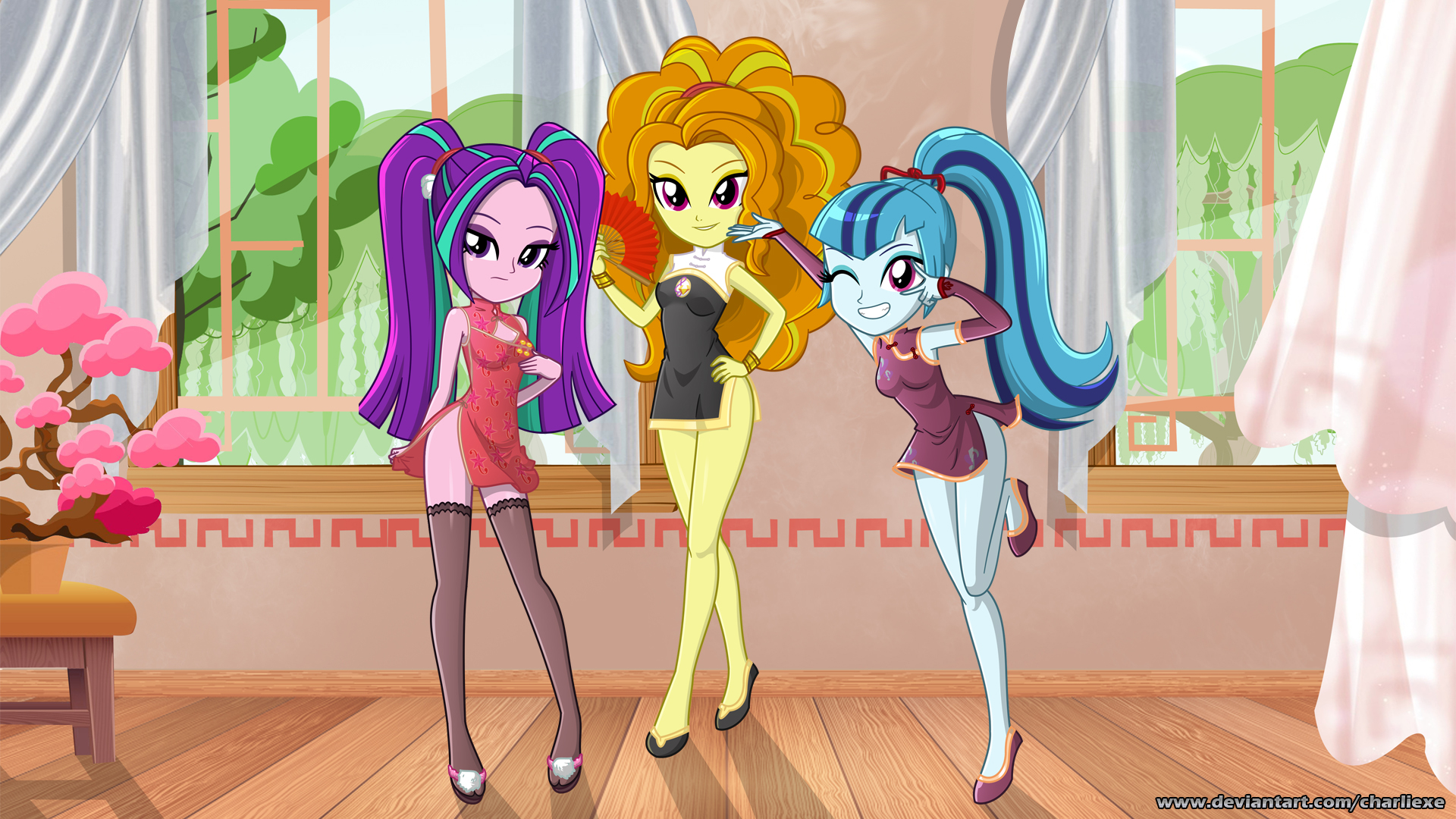 2061718 - safe, sonata dusk, adagio dazzle, aria blaze, female, clothes,  smiling, equestria girls, cute, looking at you, edit, socks, dress,  alternate version, shoes, thigh highs, stockings, one eye closed, sexy,  wink,
