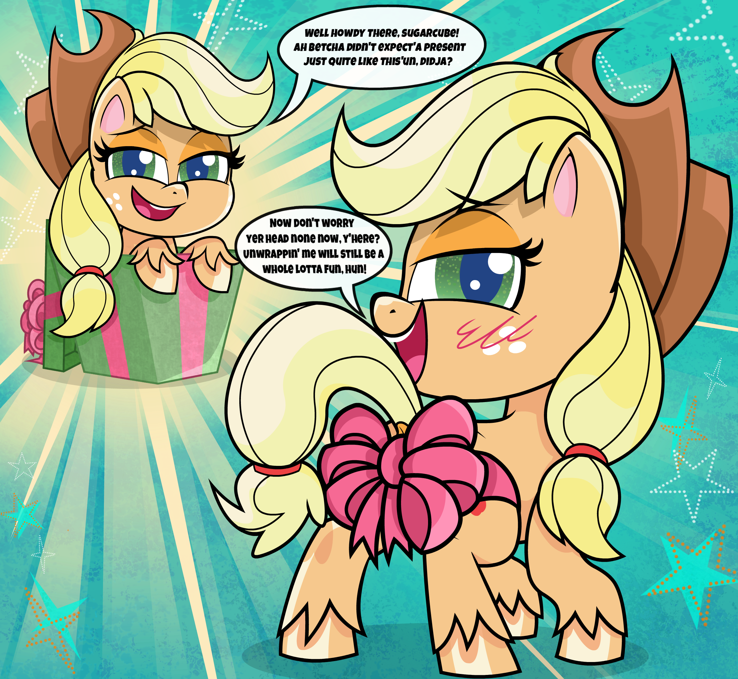 2308620 - safe, applejack, solo, pony, smiling, earth pony, blushing,  looking at you, hat, looking back, tail, looking back at you, ribbon, my  little pony: pony life, innuendo, artist:spookitty, dock art pack:clop