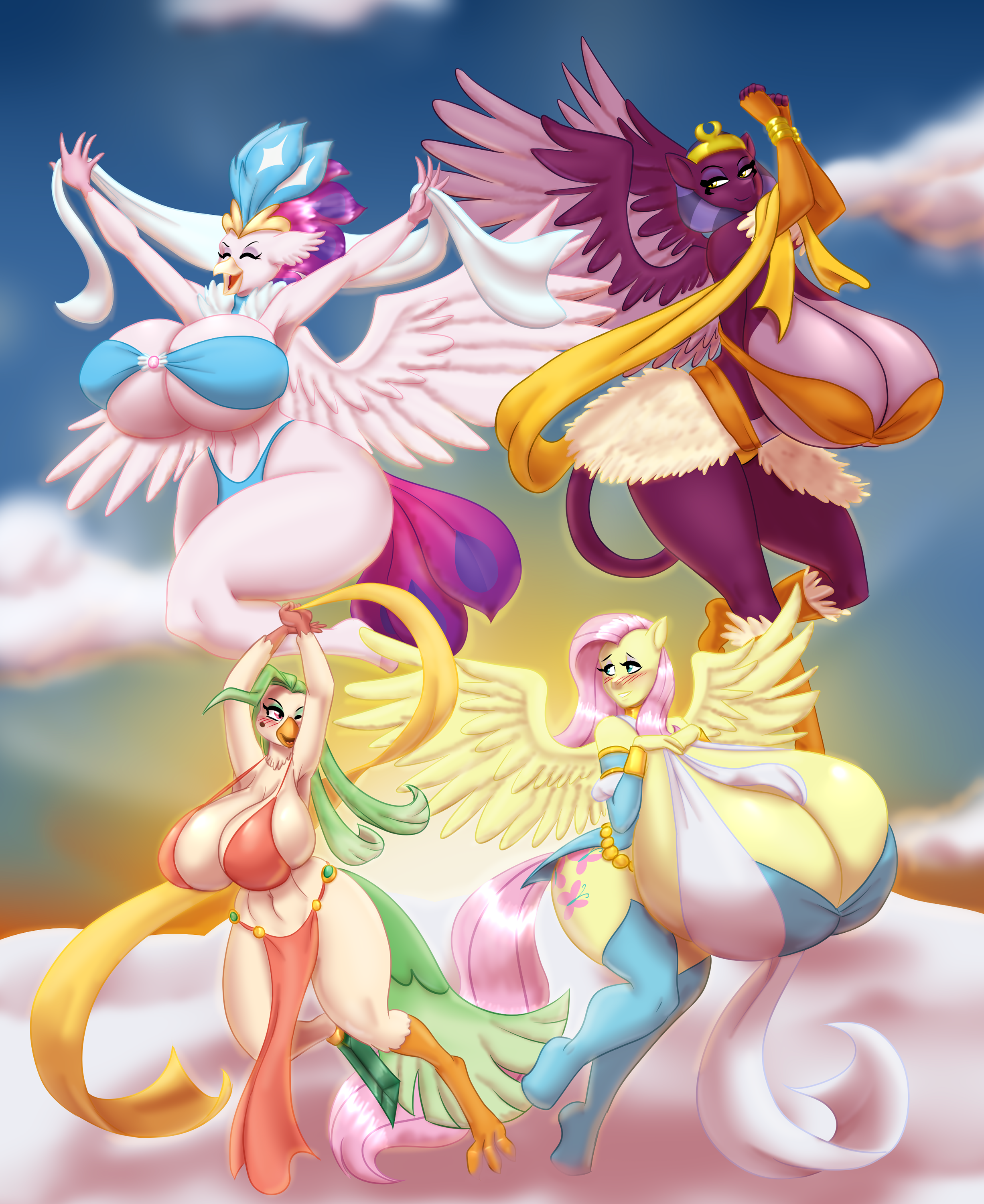 2314344 - suggestive, fluttershy, queen novo, captain celaeno, sphinx  (character), female, pegasus, breasts, anthro, smiling, big breasts,  armpits, huge breasts, cloud, my little pony: the movie, busty fluttershy,  impossibly large breasts, hyper,