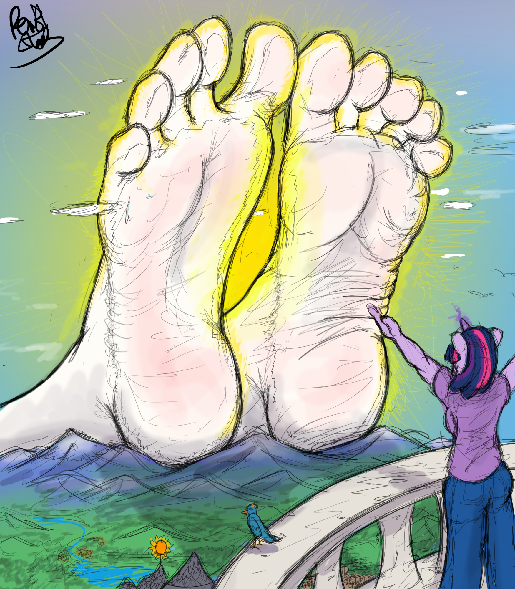 2380501 - safe, twilight sparkle, princess celestia, female, anthro, fetish,  feet, plantigrade anthro, barefoot, macro, foot fetish, toes, canterlot,  giantess, soles, foot focus, praise the sun, sunrise,  artist:fetishsketches, giantlestia, giant anthro ...