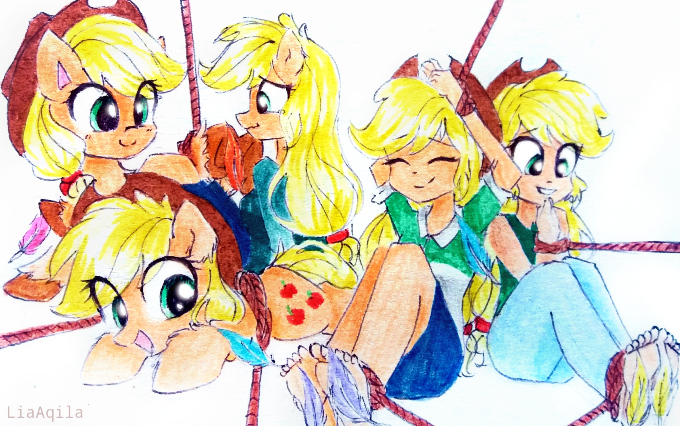 2410793 - safe, applejack, female, pony, mare, clothes, simple background,  anthro, smiling, earth pony, equestria girls, human, open mouth,  traditional art, humanized, white background, eyes closed, hat, commission,  crying, fetish, feet, skirt,