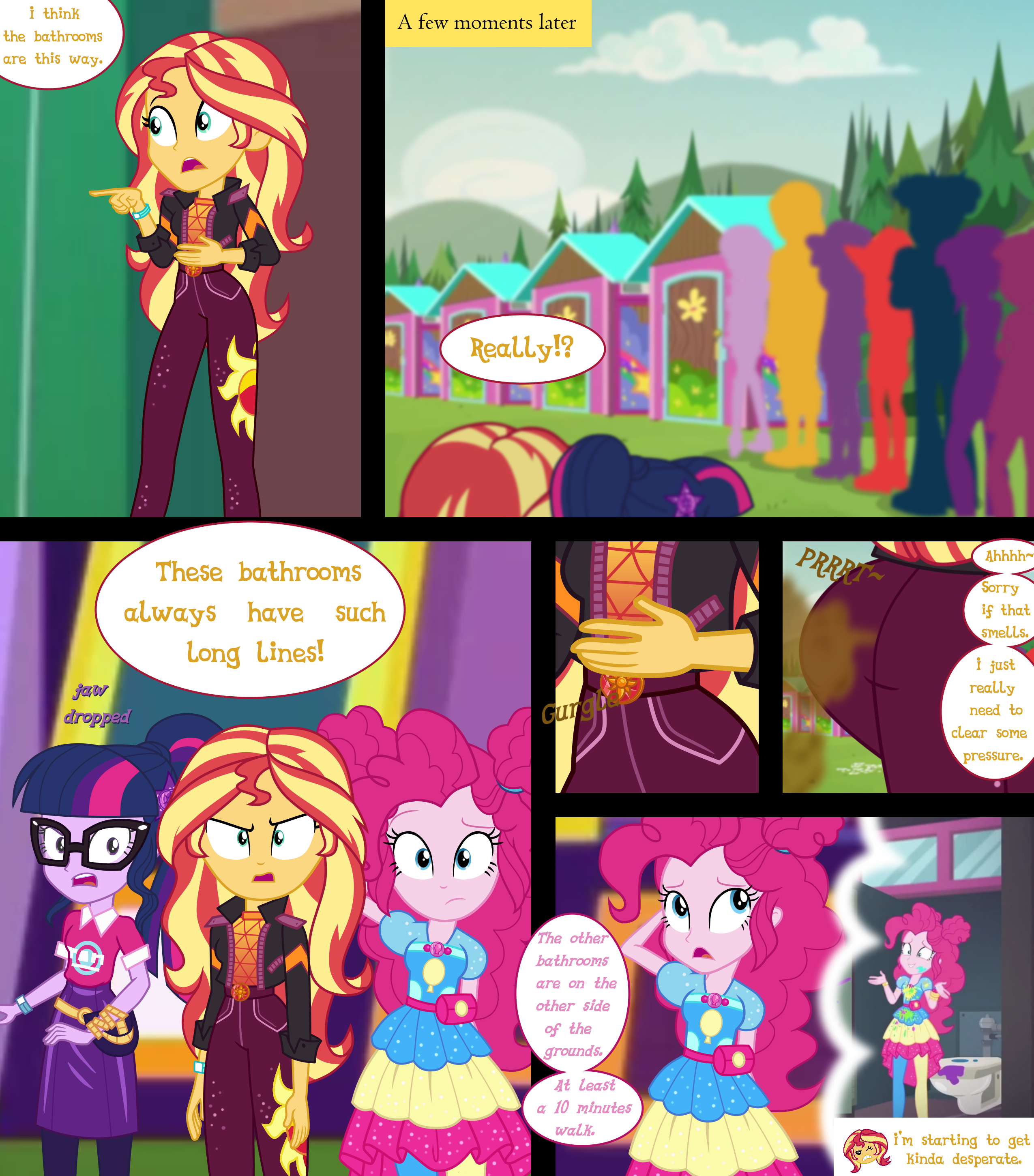 2730745 - suggestive, twilight sparkle, pinkie pie, sunset shimmer,  sci-twi, female, clothes, equestria girls, butt, comic, text, high res,  ass, fetish, equestria girls series, spoiler:eqg series (season 2),  annoyed, stomach noise, fart,