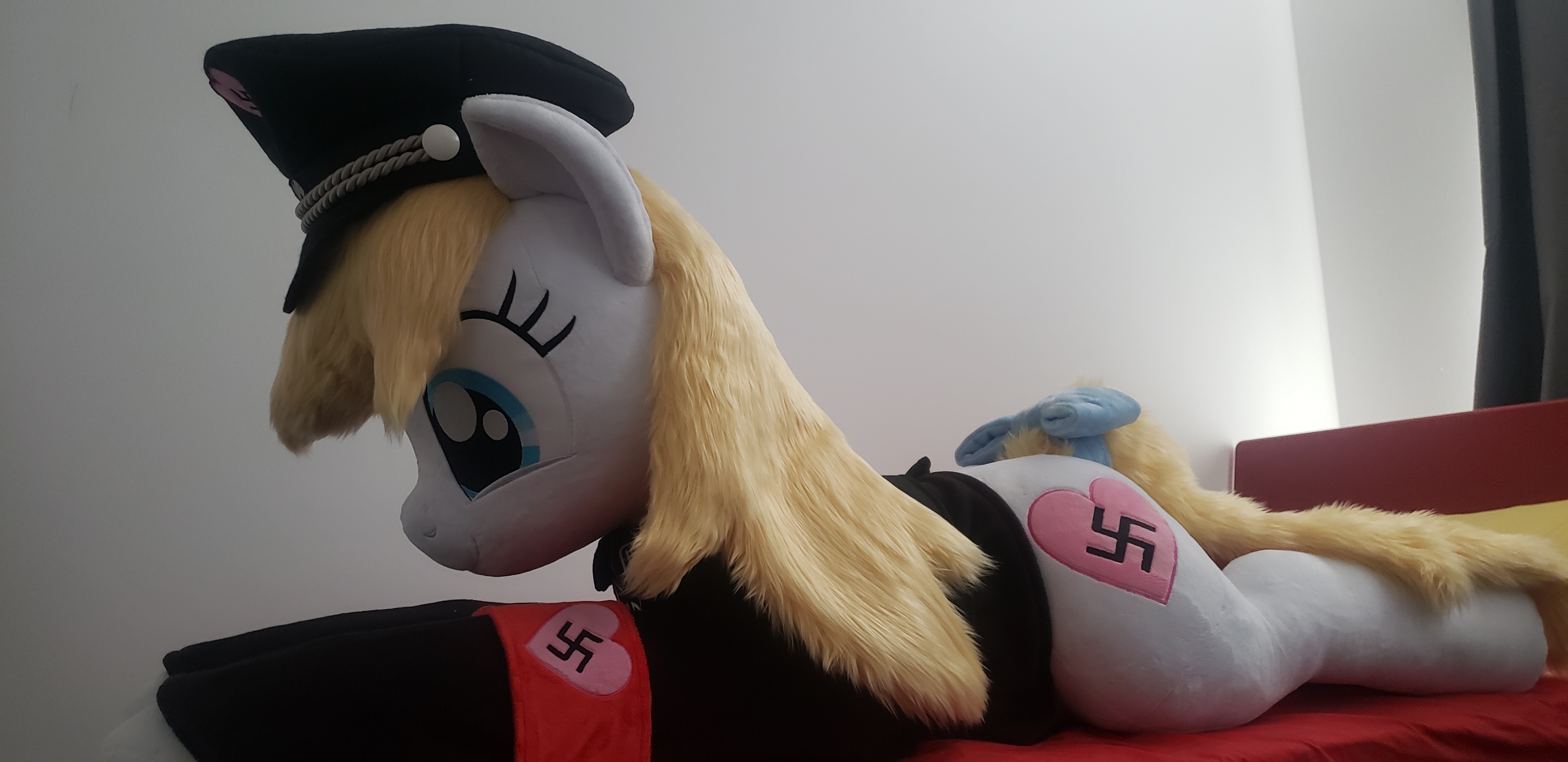 6149308 - safe, artist:qtpony, photographer:ryperiour2, oc, oc:aryanne,  earth pony, pony, unicorn, armband, clothes, hat, heart, irl, life size,  nazi, nazi armband, nazipone, photo, plushie, smiley face, socks, swastika  - Ponerpics