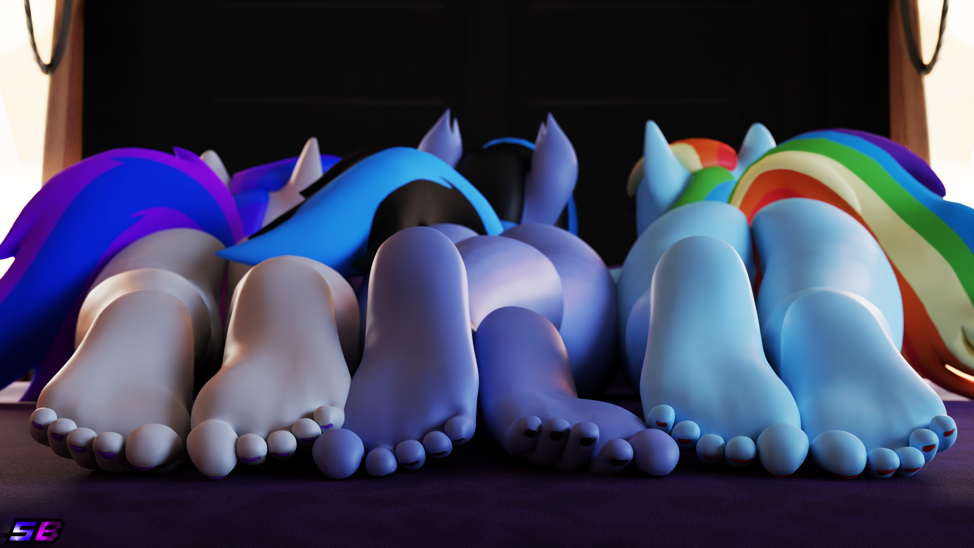 2639287 - suggestive, rainbow dash, female, oc, anthro, 3d, butt, ass, bed,  fetish, feet, plantigrade anthro, barefoot, lying down, rear view, trio,  foot fetish, blender, nail polish, toes, soles, rainbutt dash, foot