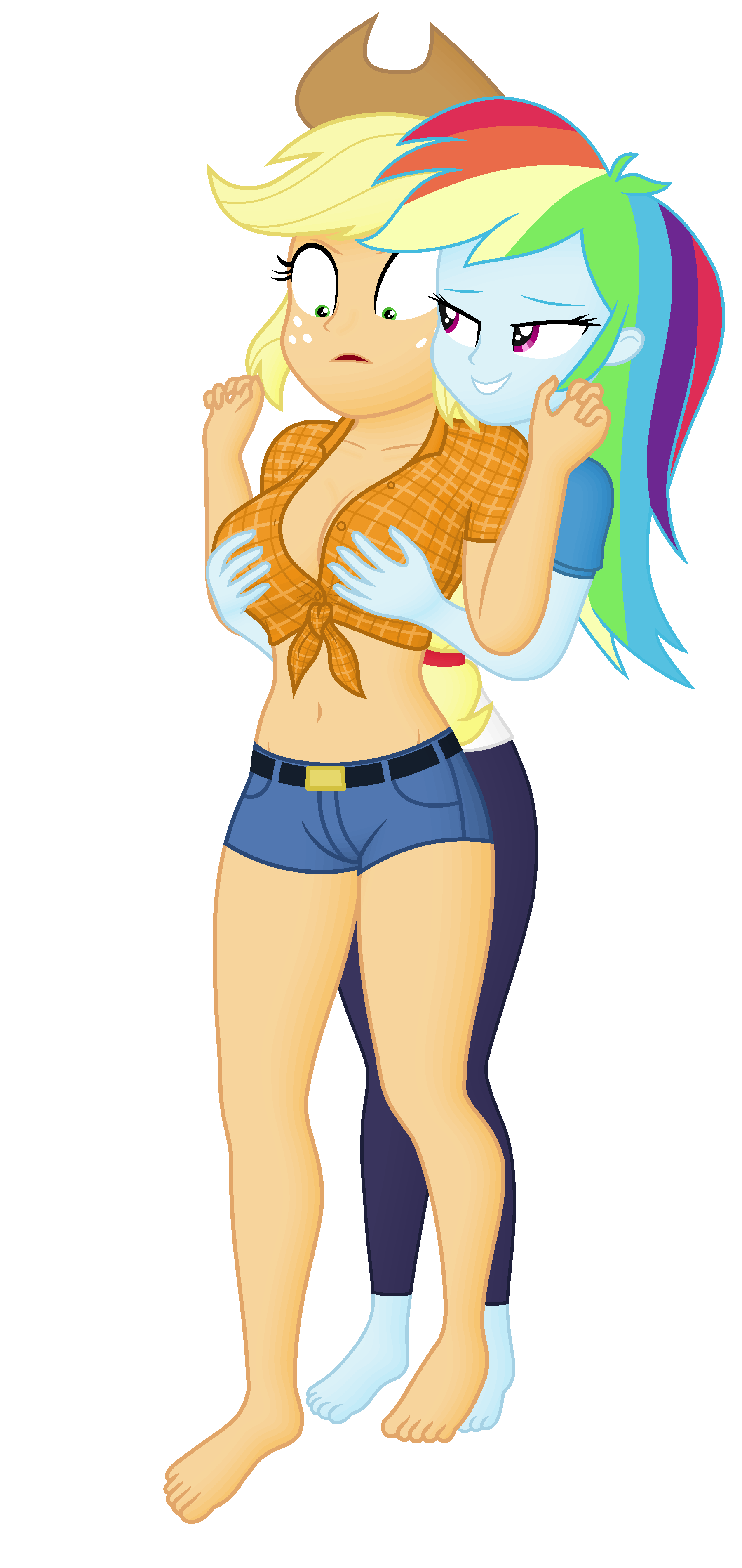 3046210 - suggestive, rainbow dash, applejack, female, simple background,  breasts, transparent background, equestria girls, human, edit, duo, belly  button, feet, barefoot, midriff, grope, busty applejack, breast grab, ms  paint, shading, breast edit,